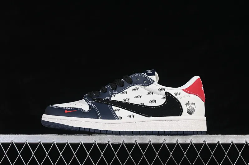All categories Air Jordan Jordan series basketball shoes Air Jordan 1 Low High-end customized low-top sneakers Air Jordan 1 Low AJ1 Joe 1 Stusi co-branded off-white blue and red print High-end customized low-top retro basketball shoes JW1188-170